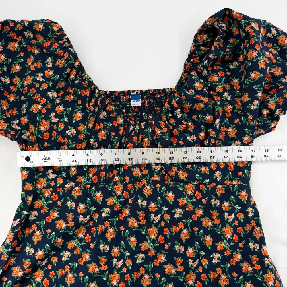 Old Navy Women's L Navy Floral Puff Sleeve Smocked Back Fall Cottagecore Blouse